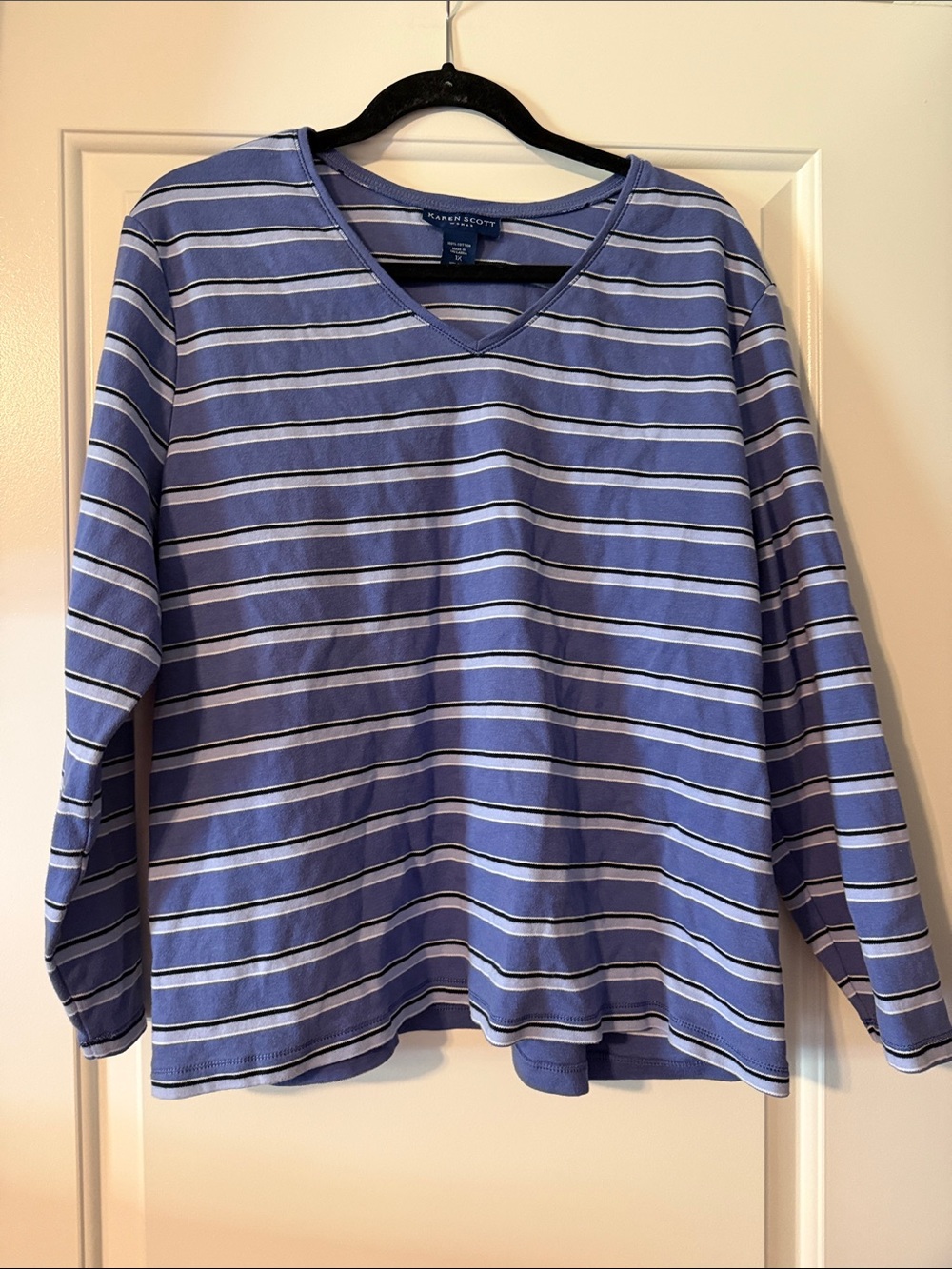 Karen Scott Blue Striped V-Neck